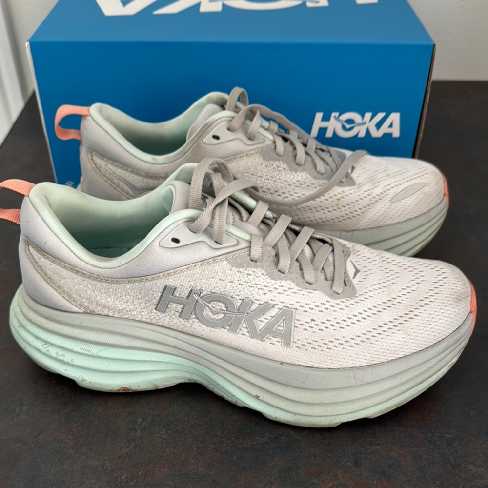 HOKA Women's Pale Mint and Light Gray Running Shoes